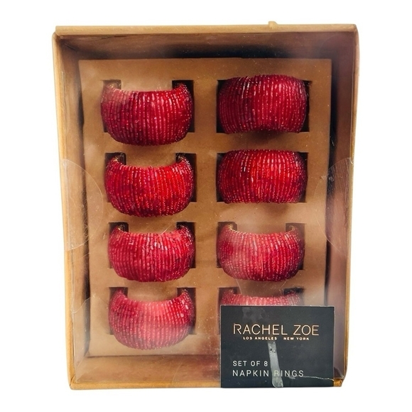 NIB Set of 8 Napkin Ring RACHEL ZOE Handmade Red Micro Beaded Napkin Rings - Picture 2 of 5